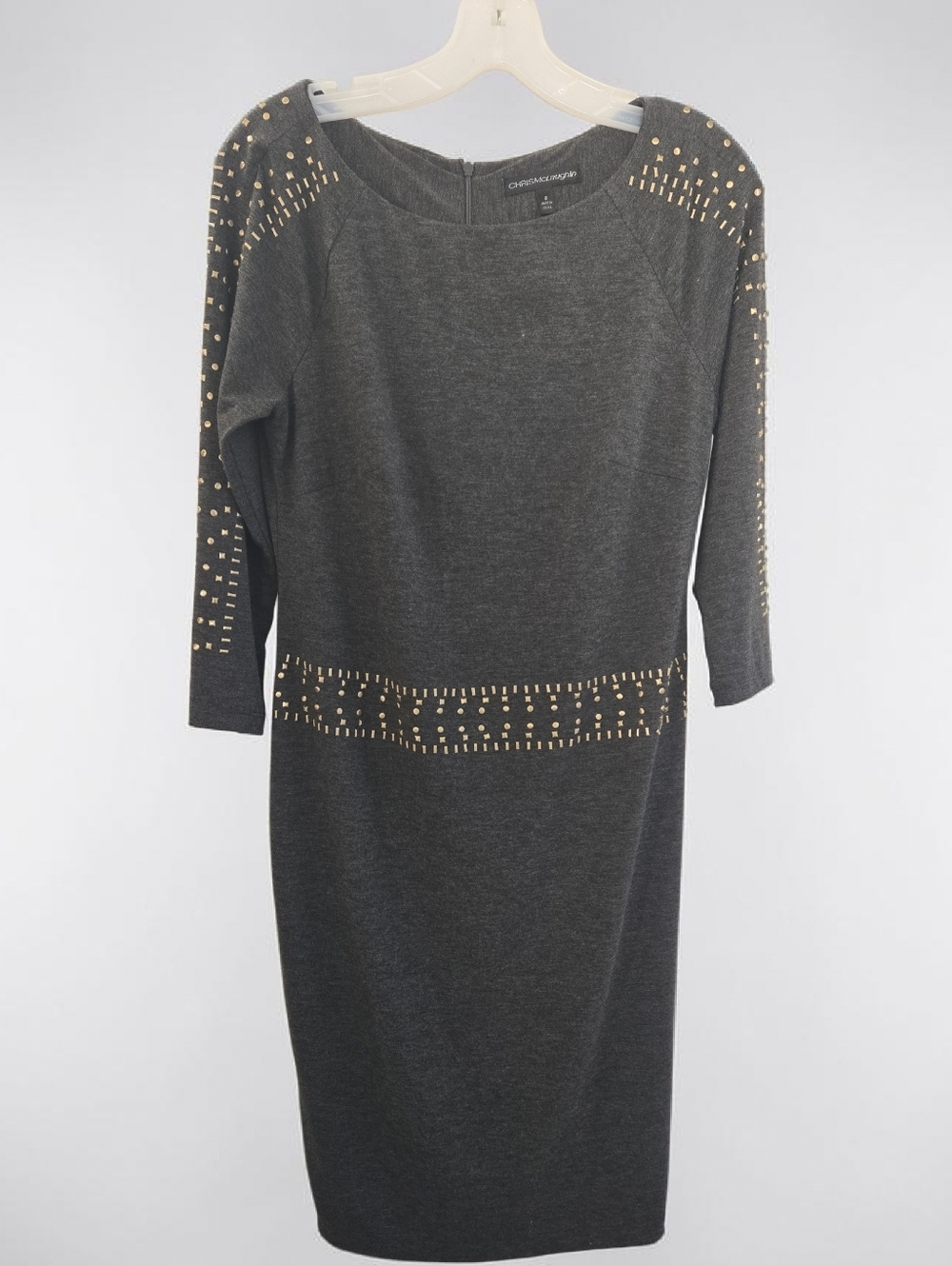 Chris McLaughlin Gray Midi Dress with Gold Stud Accents